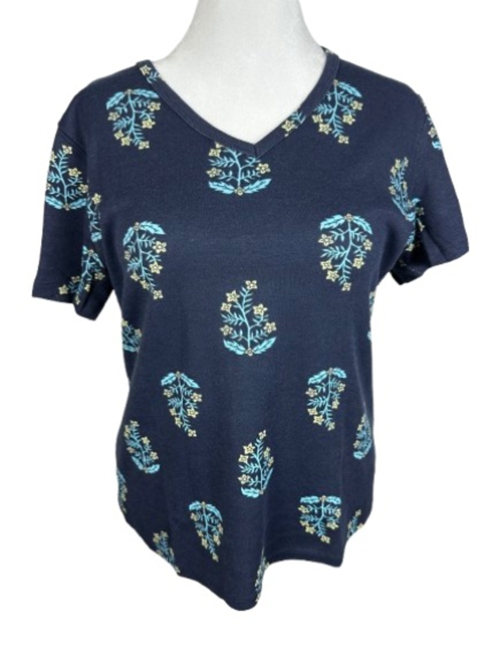 Style & Co. Navy Blue Floral V-Neck Short Sleeve Tee Size L
